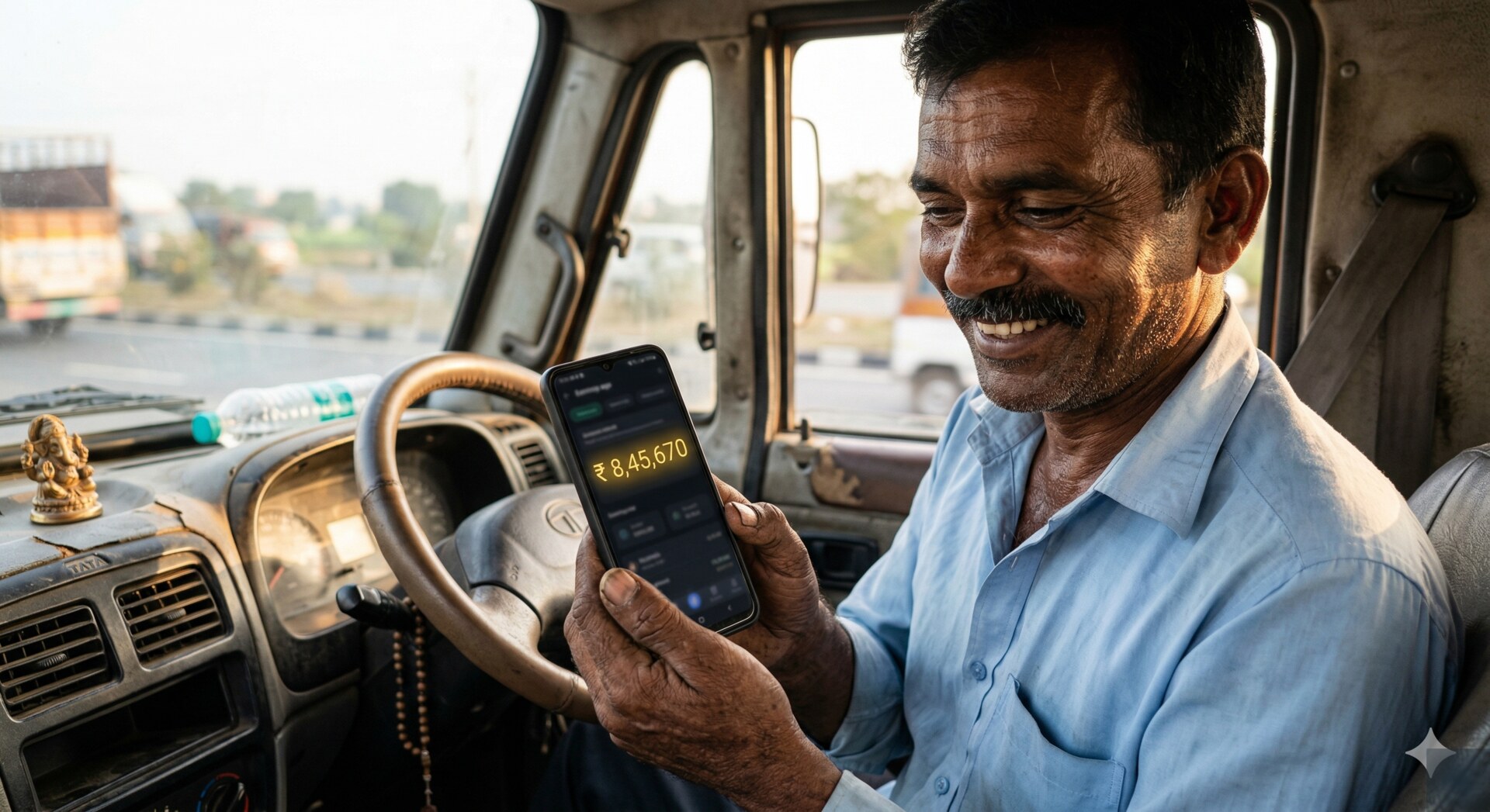 Driver checking earnings on TRAQ app