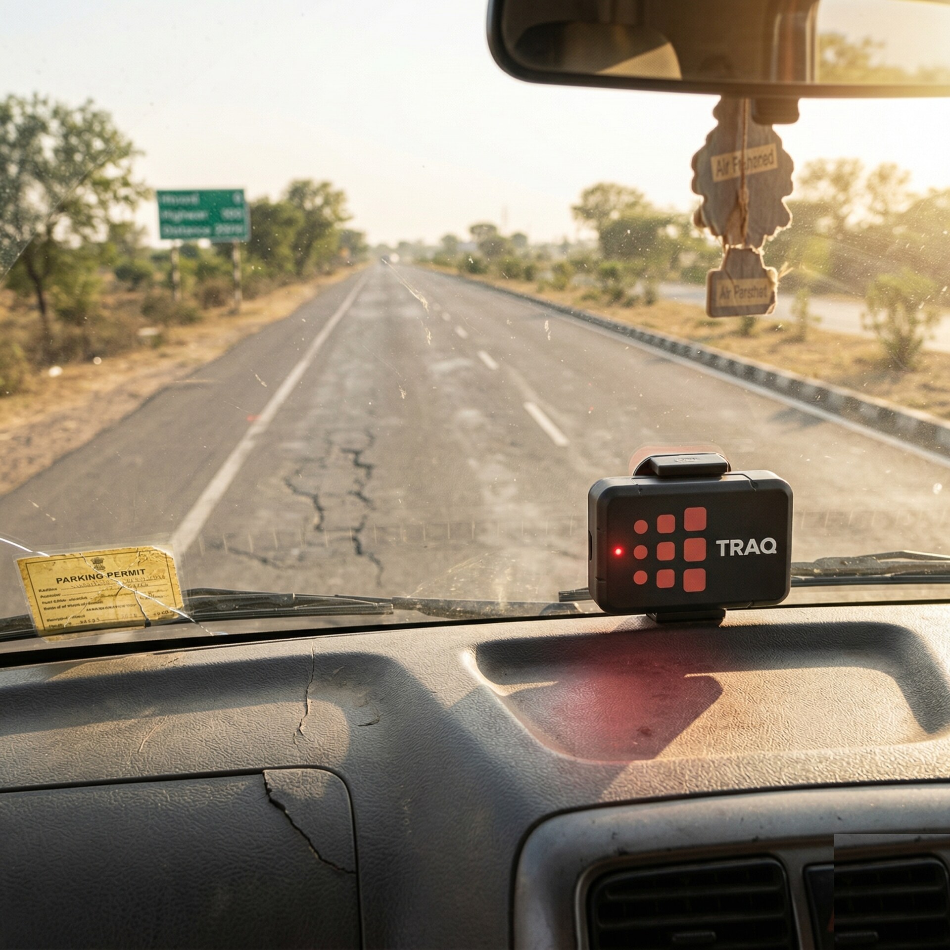 TRAQ GPS telematics device on truck dashboard